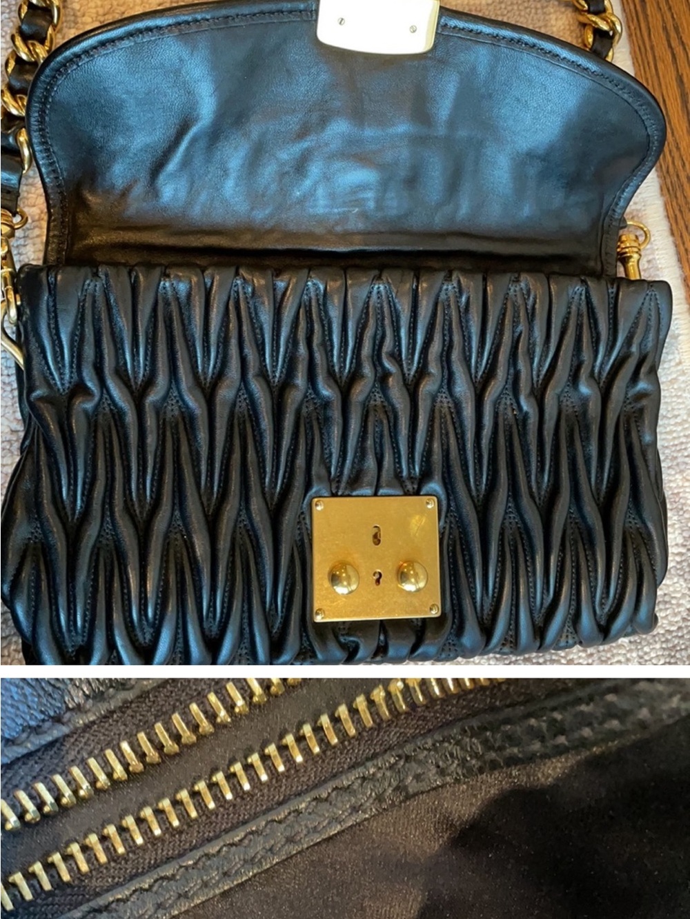 Miu Miu Black Ruched Quilted Leather Shoulder Bag with Gold Hardware